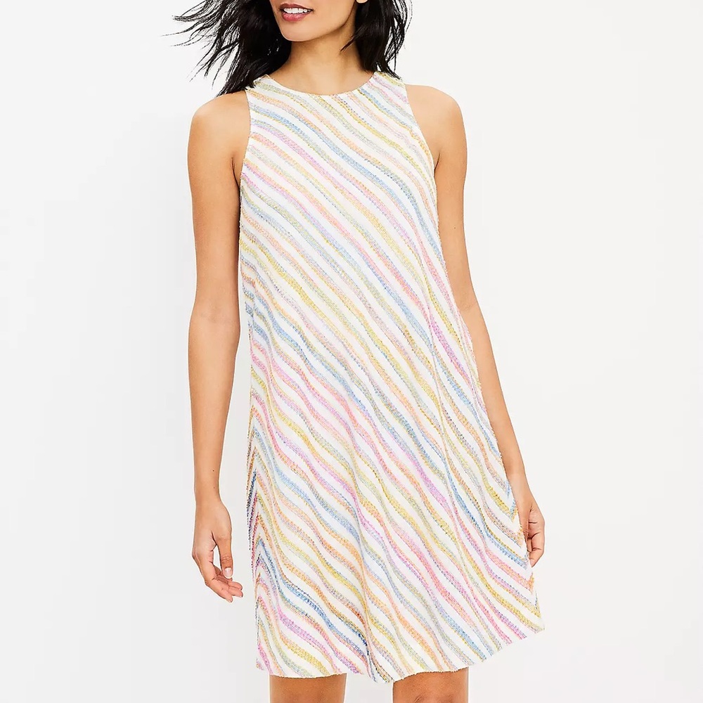 Rainbow striped shirt dress.